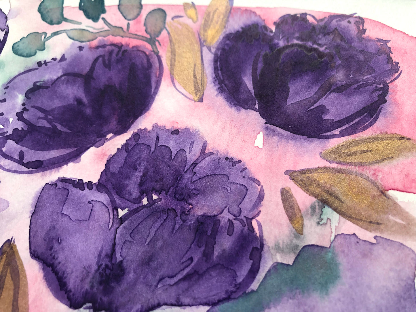 Original Floral Watercolor with Gold Gouache 9"x12"