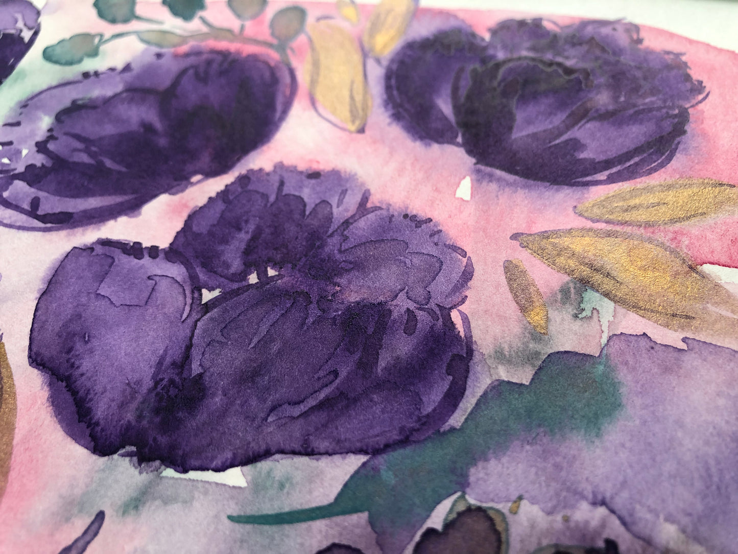 Original Floral Watercolor with Gold Gouache 9"x12"